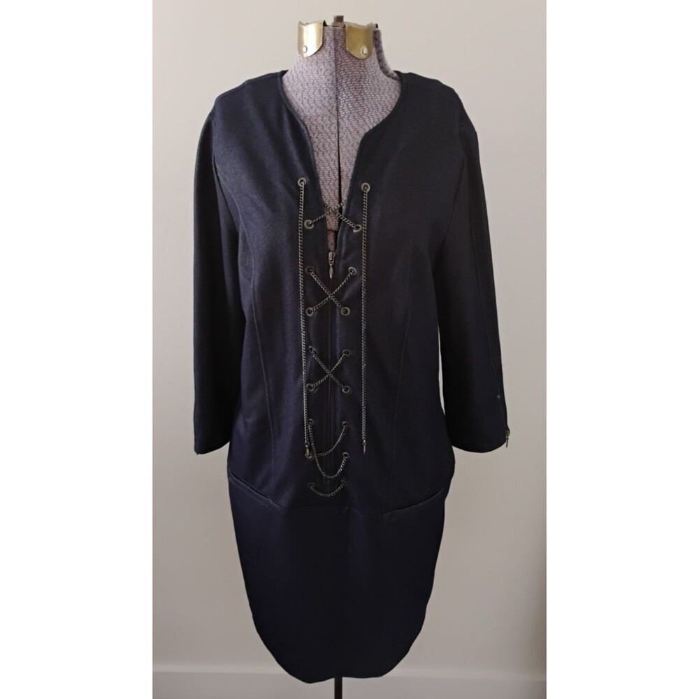 Etcetera Shift Dress Zip Front Lace Skipper Denim Stretchy Dark Blue Sz 4 EUC